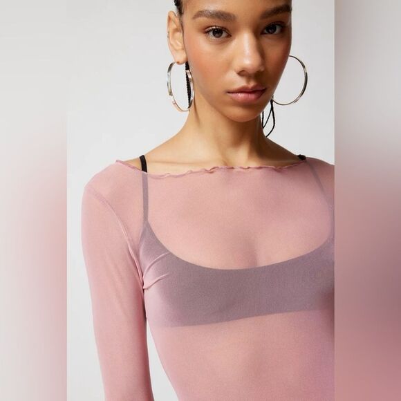 Out From Under Libby Sheer Mesh Long Sleeve Lettuce Hem Top Mauve Pink Medium - Picture 10 of 16